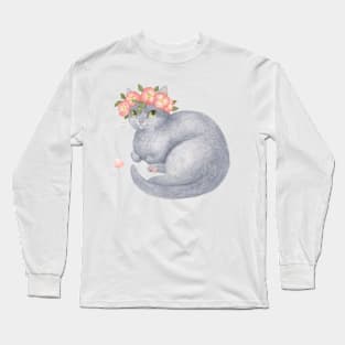 Flower Cat - Grey With Pink Long Sleeve T-Shirt